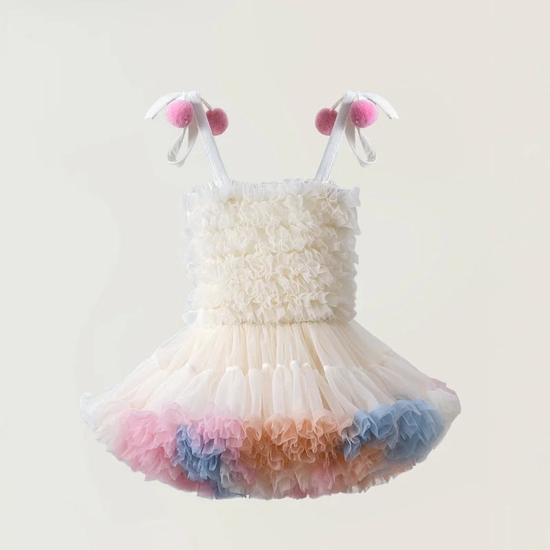 Rainbow Ruffle Pompom Tutu Dress