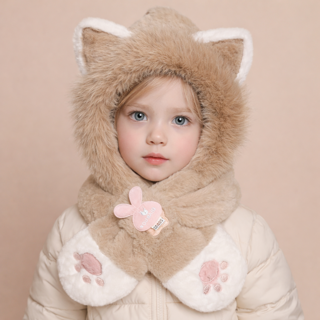 Beige Kitty Plush Hooded Scarf for Kids