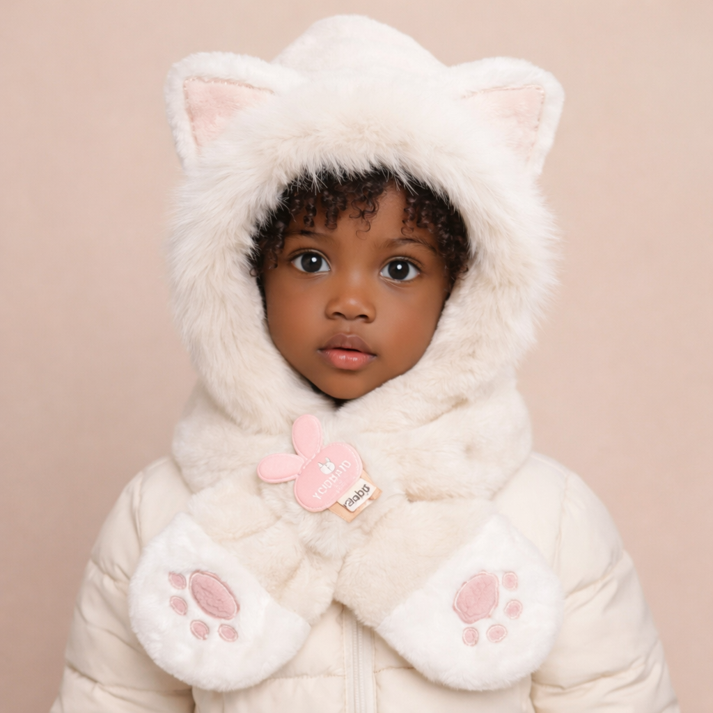 Beige Kitty Plush Hooded Scarf for Kids