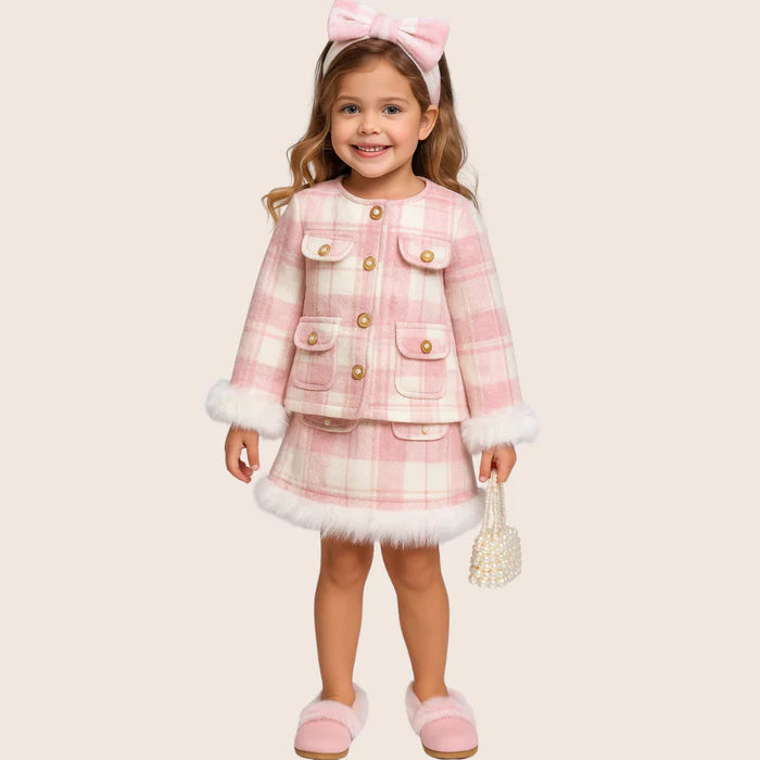 Pink Plaid & Faux Fur Girls' Set