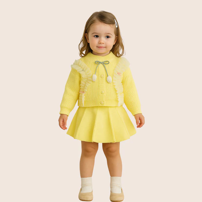 Yellow Knitted Outfit for Girls with Pleated Skirt