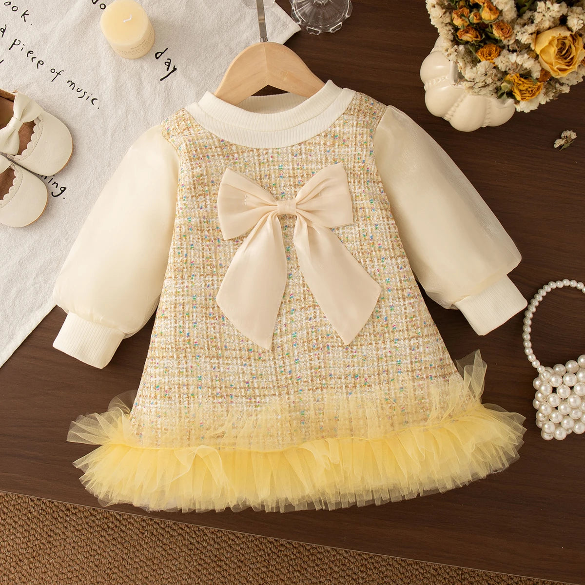 Baby Girl Tweed Dress with Bow and Tulle Hem