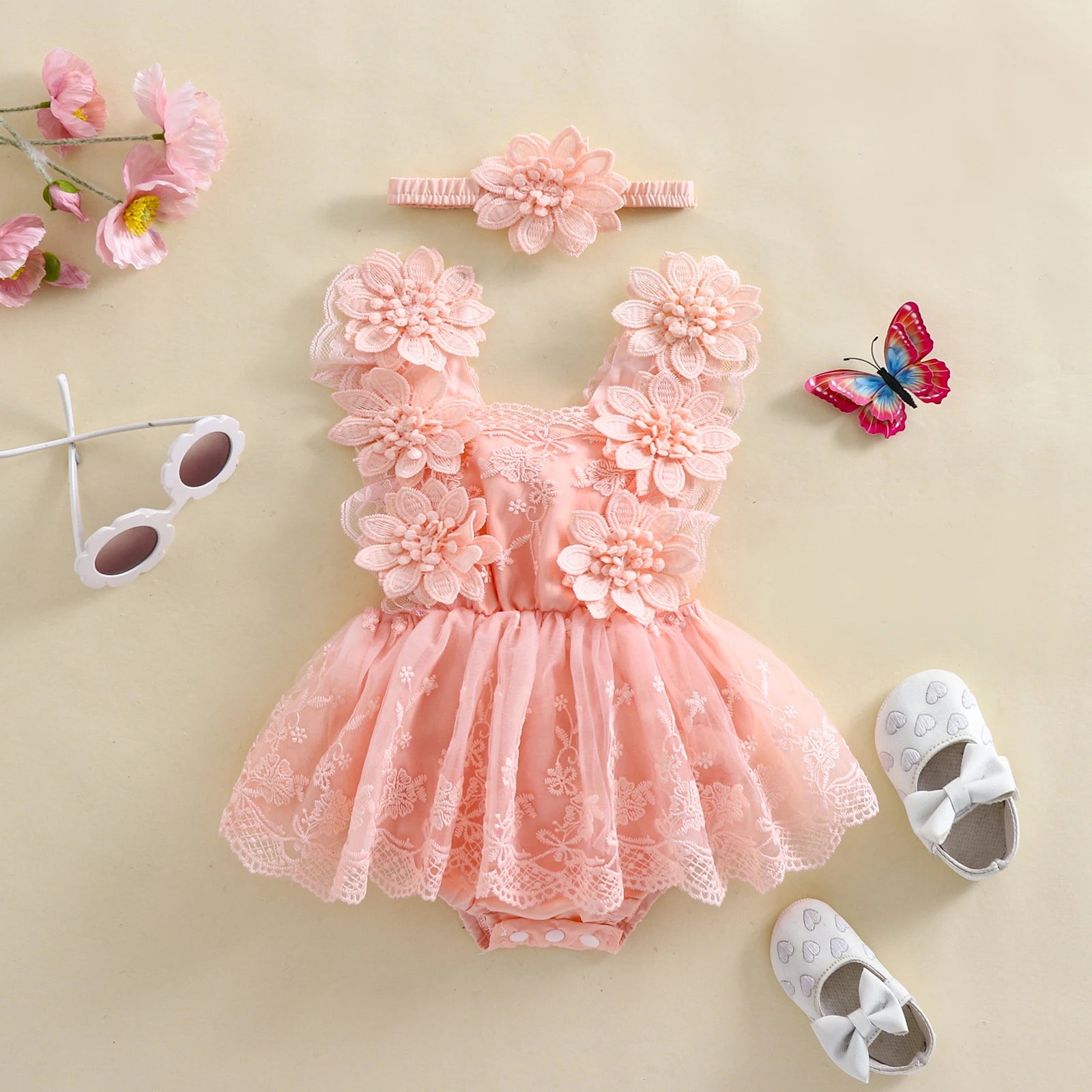 3D Blossom Lace Baby Romper Set