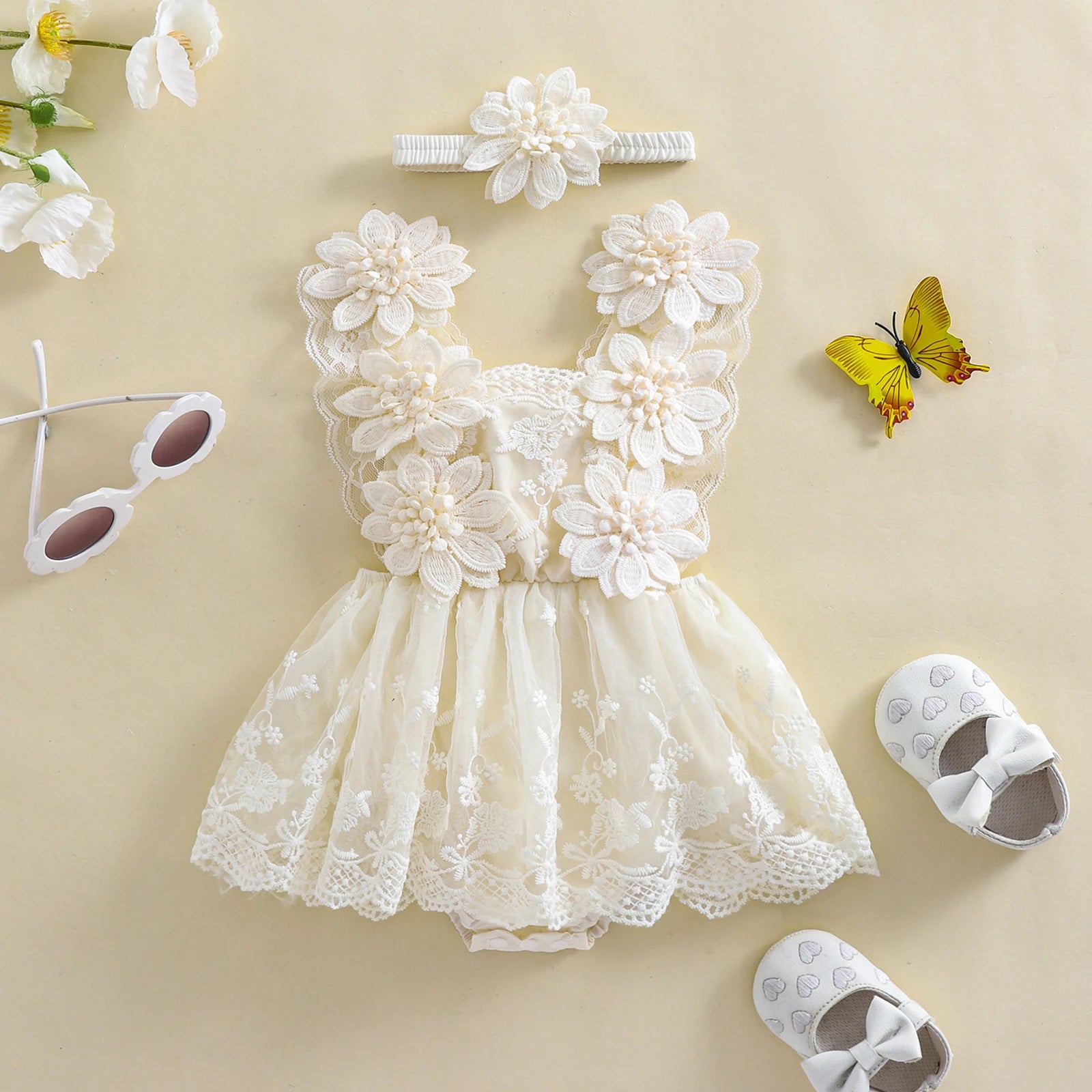 3D Blossom Lace Baby Romper Set