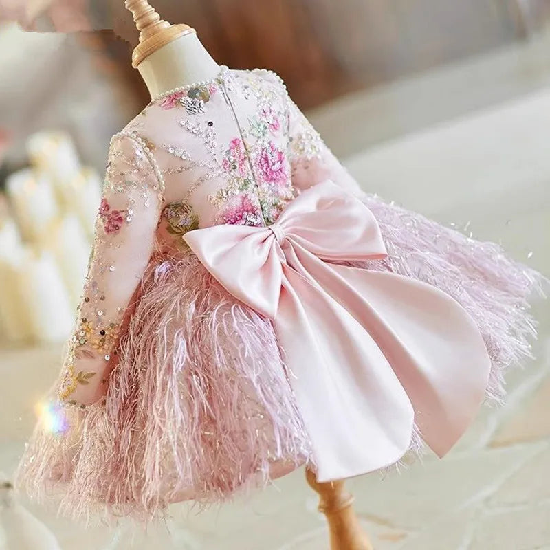 Deluxe Pink Feather & Floral Embroidered Dress