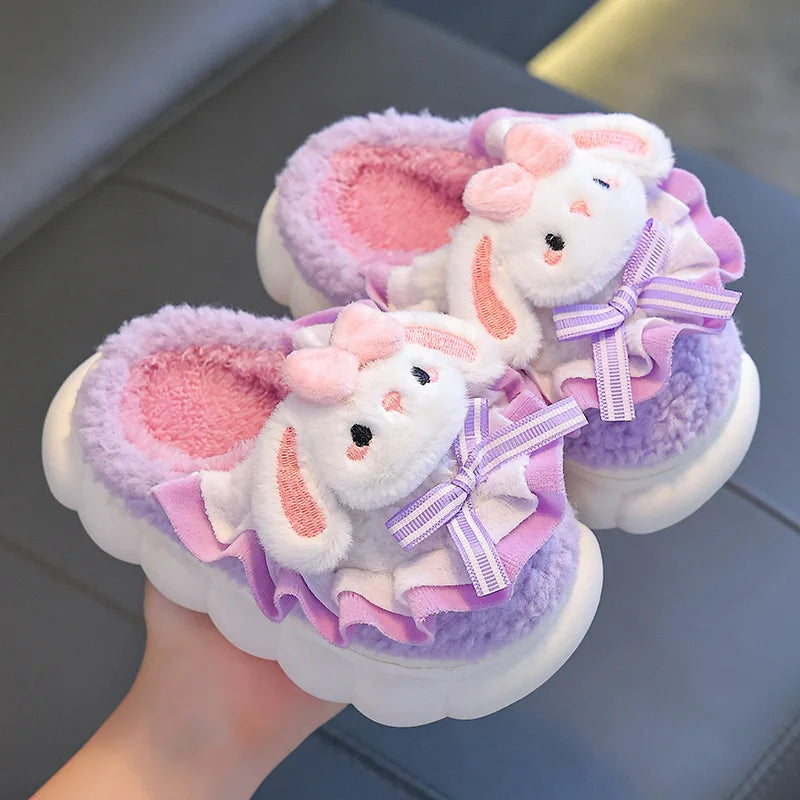 Fluffy Bunny Slippers with Ruffle & Bow