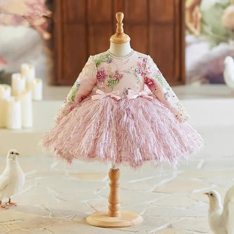 Deluxe Pink Feather & Floral Embroidered Dress