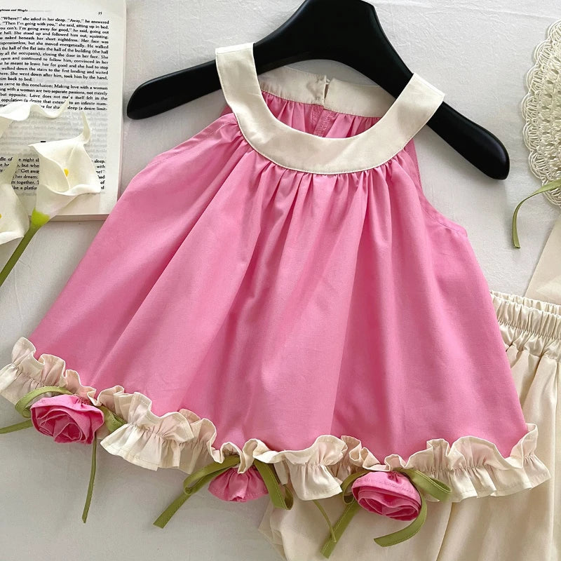 Pink Floral Appliqué Girls Set