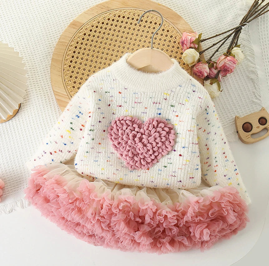 Love Heart Outfit for Girls – Knitted Top & Tulle Skirt