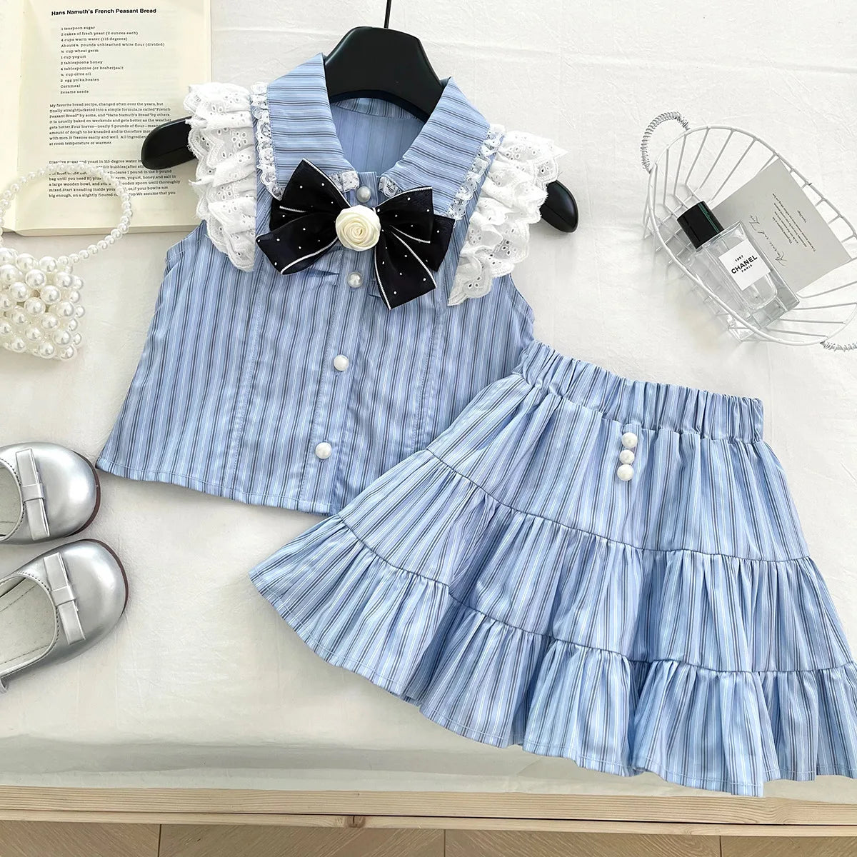 Bluebell Bow Girls Striped Skirt Set