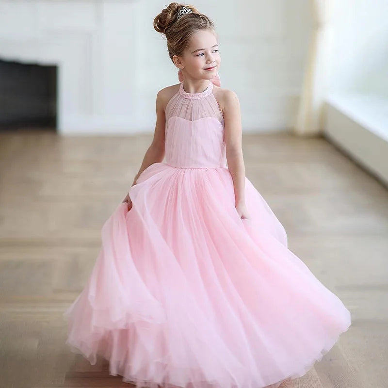 Long Pink Princess Tulle Dress for Girls