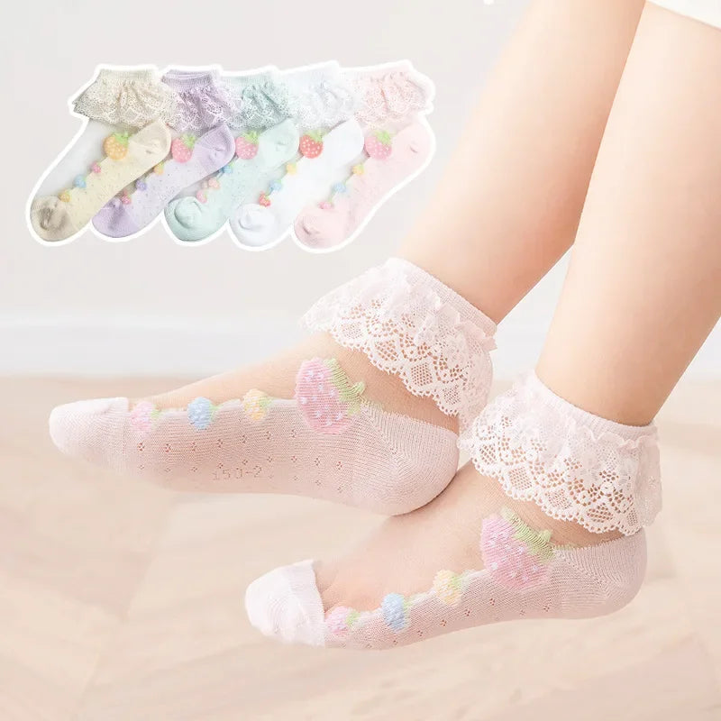 Charming Lace Heart Socks Set – 5 Pairs of Sheer Delight for Girls