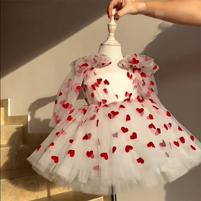 Little Girls’ White Tulle Dress with Red Hearts