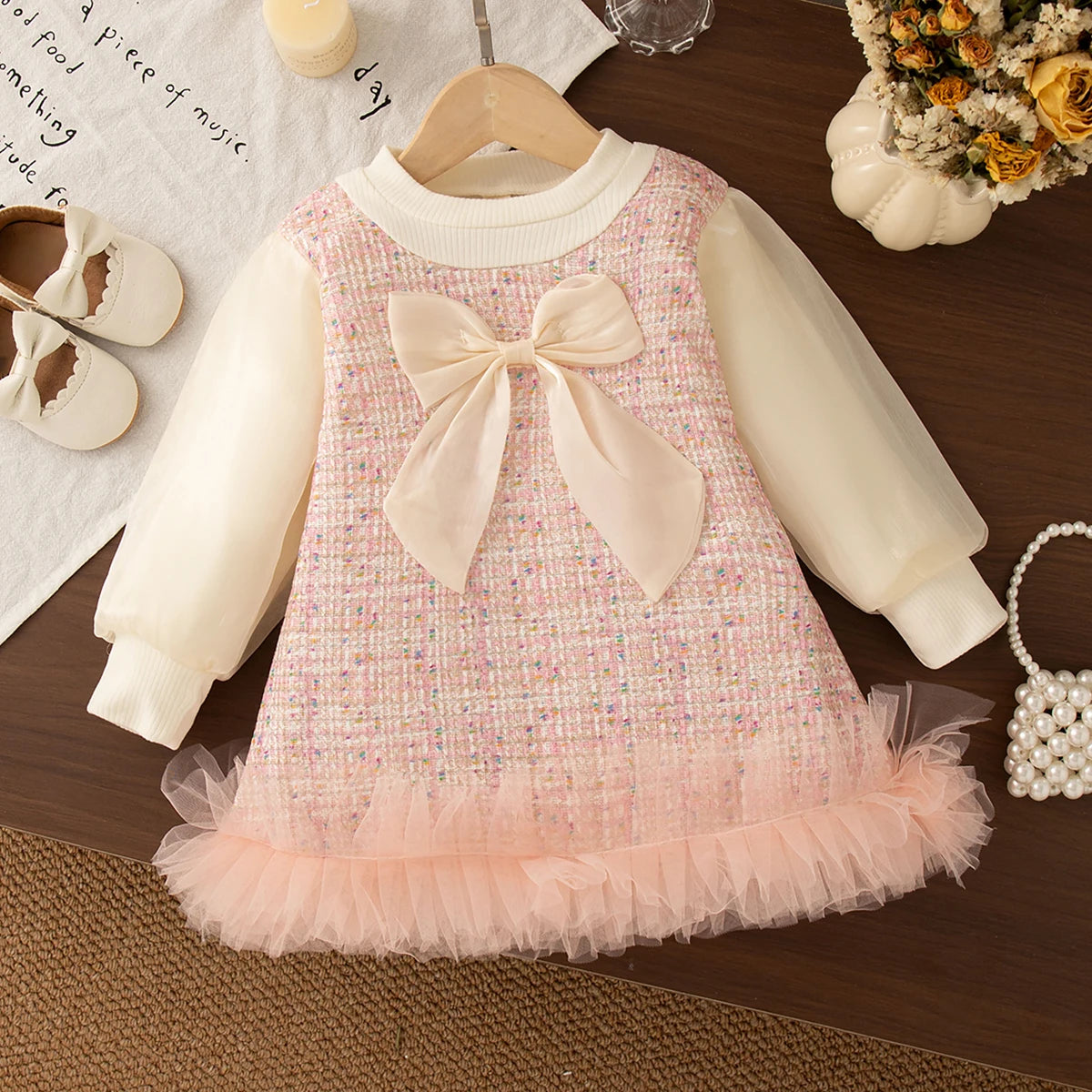 Baby Girl Tweed Dress with Bow and Tulle Hem