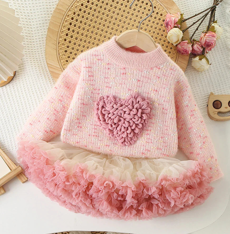 Love Heart Outfit for Girls – Knitted Top & Tulle Skirt