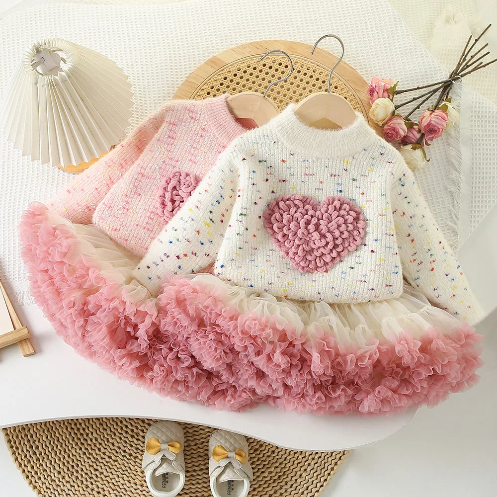 Love Heart Outfit for Girls – Knitted Top & Tulle Skirt