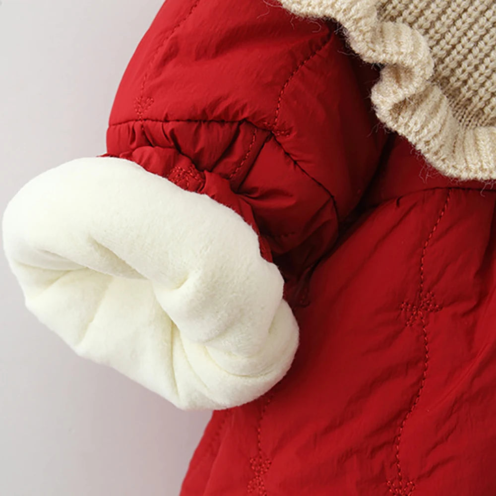 Red Quilted Kids Jacket with Knitted Collar and Flower