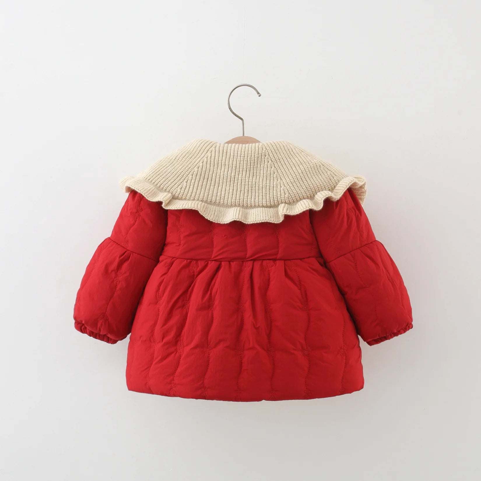 Red Quilted Kids Jacket with Knitted Collar and Flower