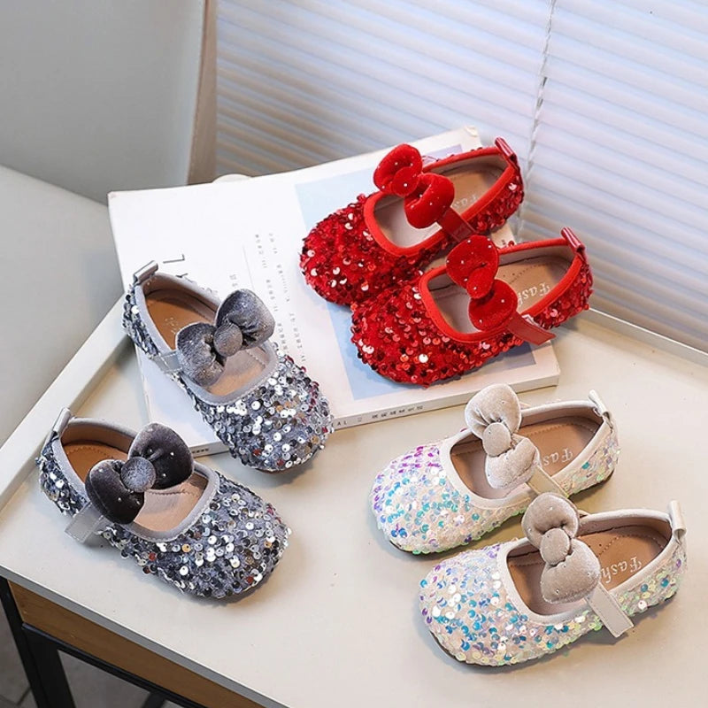 Velvet Bow Sequin Mary Jane Shoes
