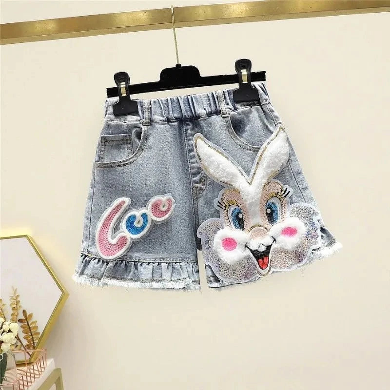 Sparkle Bunny Denim Shorts with Ruffles