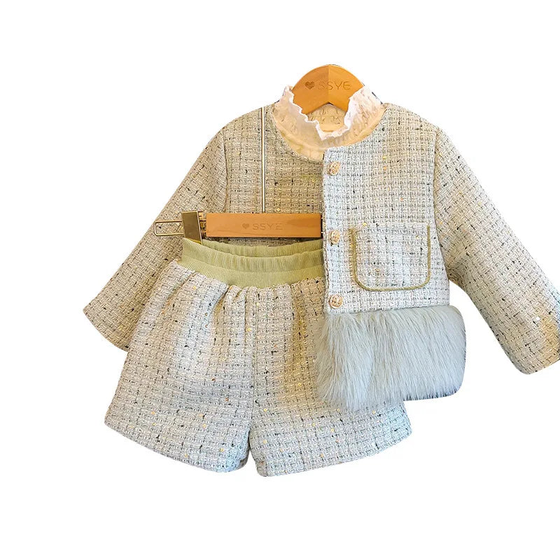 Green Tweed & Faux Fur Girls' Set