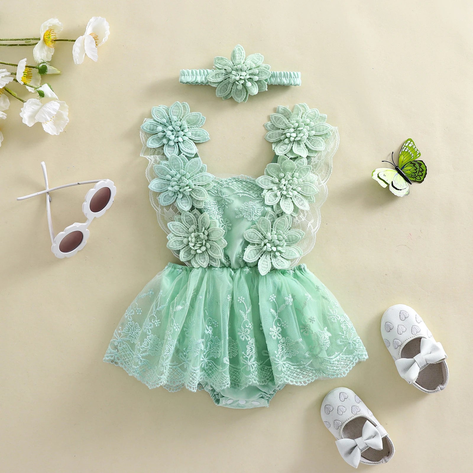 3D Blossom Lace Baby Romper Set