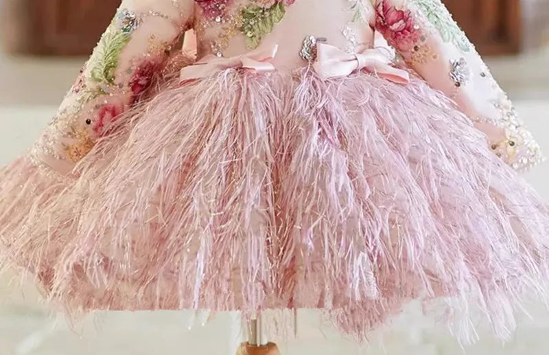 Deluxe Pink Feather & Floral Embroidered Dress