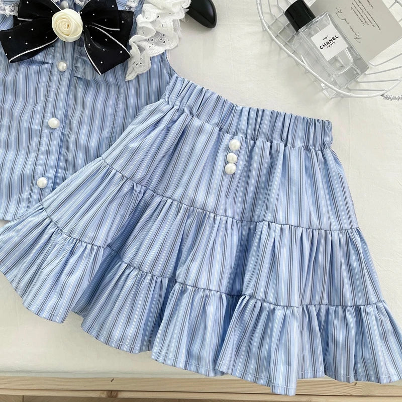 Bluebell Bow Girls Striped Skirt Set