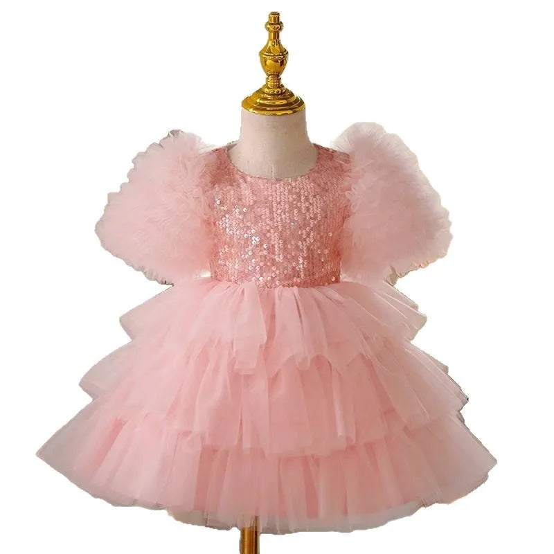 Princess-Style Pink Tulle Party Dress with Sequins