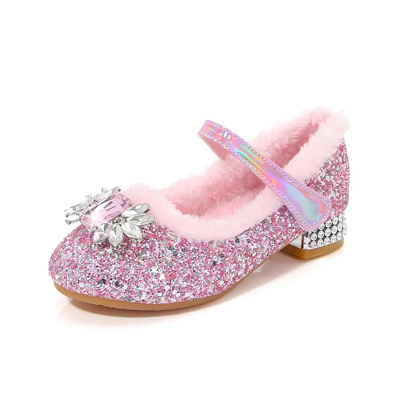 Kids Glitter Princess Shoes with Faux Fur and Jewels