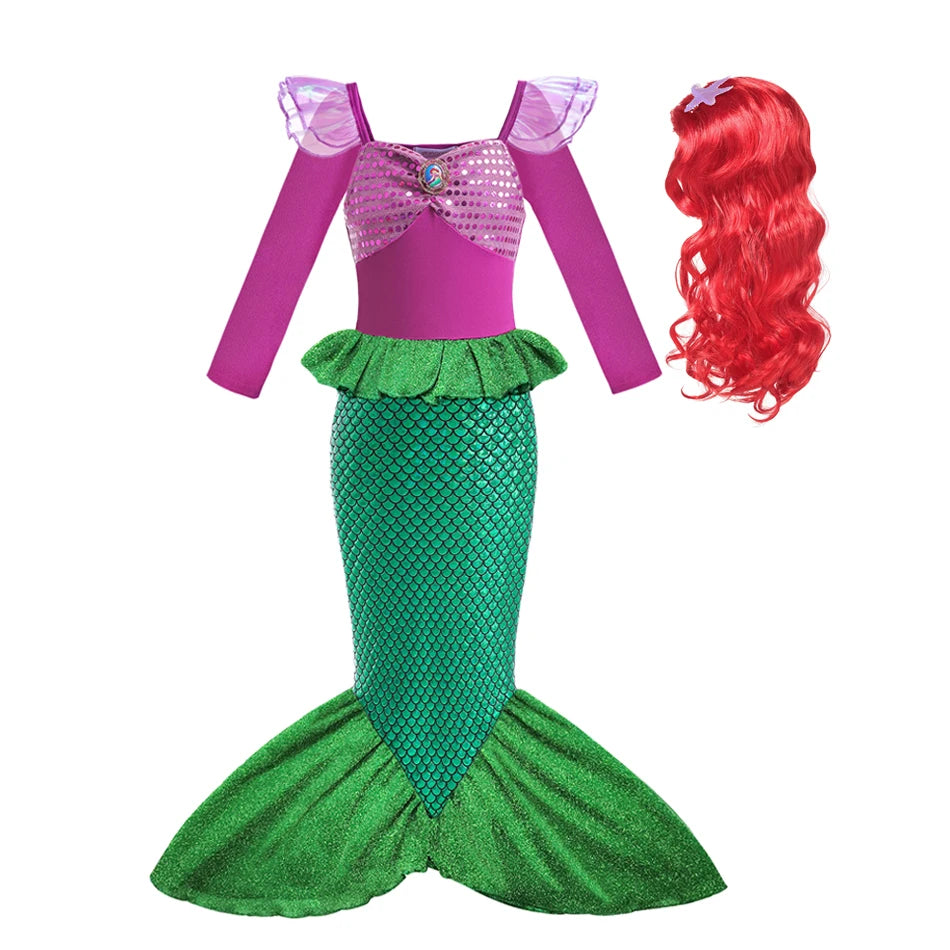 Long Sleeve Mermaid Princess Costume with Wig