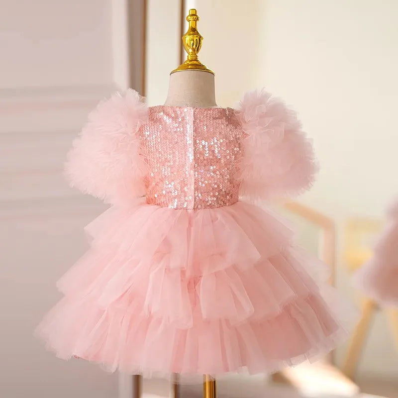Princess-Style Pink Tulle Party Dress with Sequins
