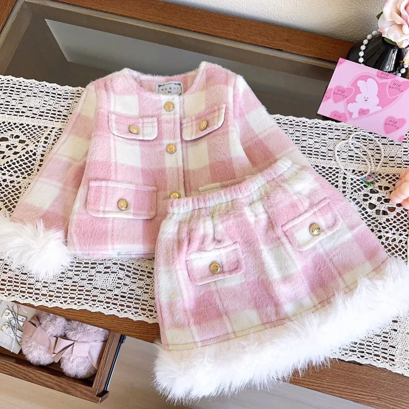 Pink Plaid & Faux Fur Girls' Set