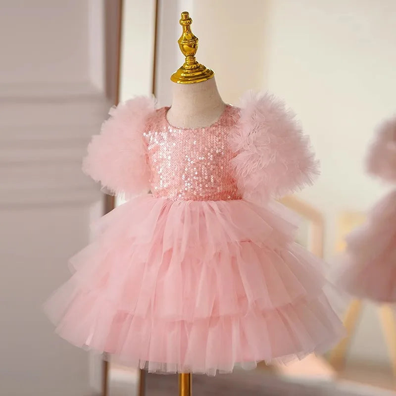 Princess-Style Pink Tulle Party Dress with Sequins