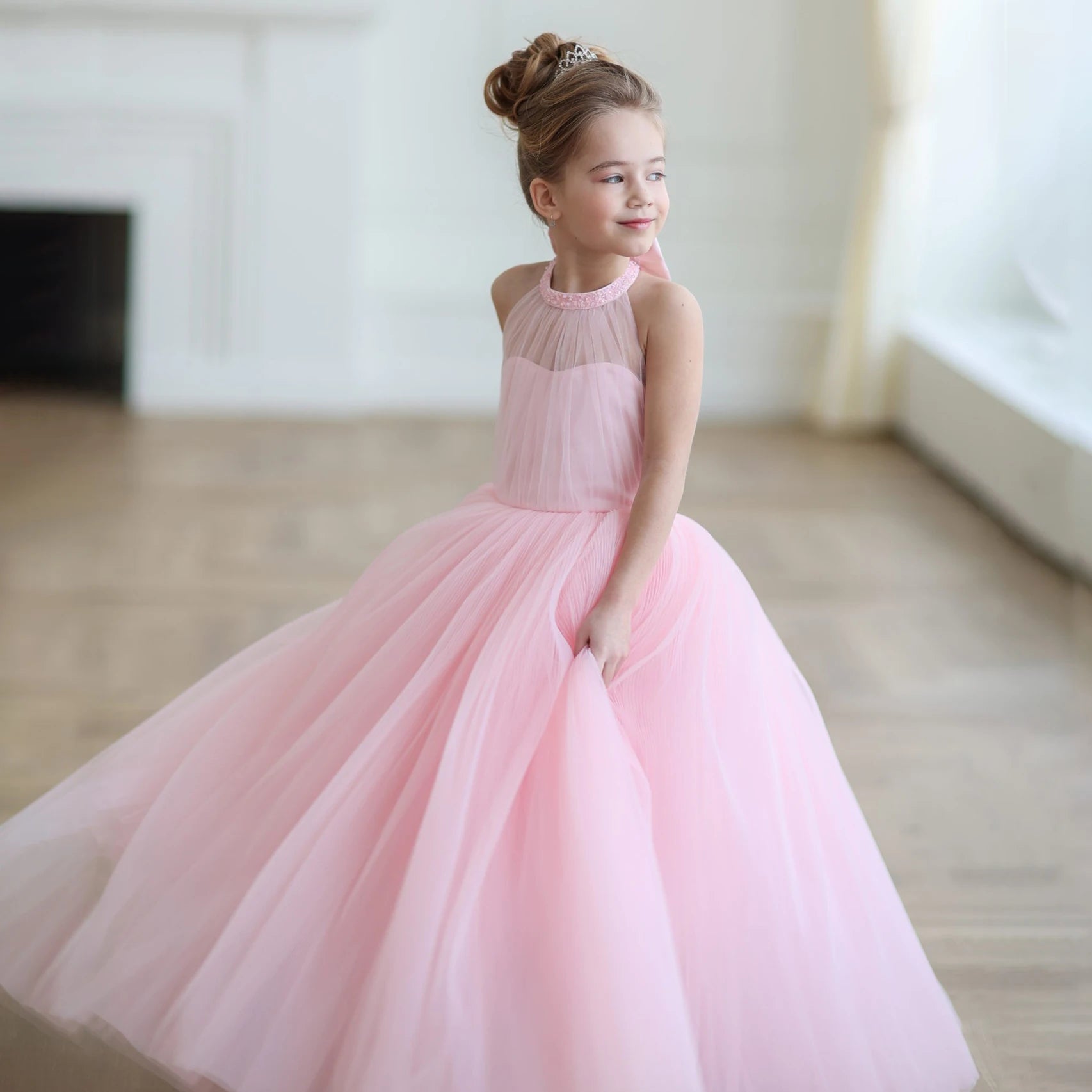 Long Pink Princess Tulle Dress for Girls