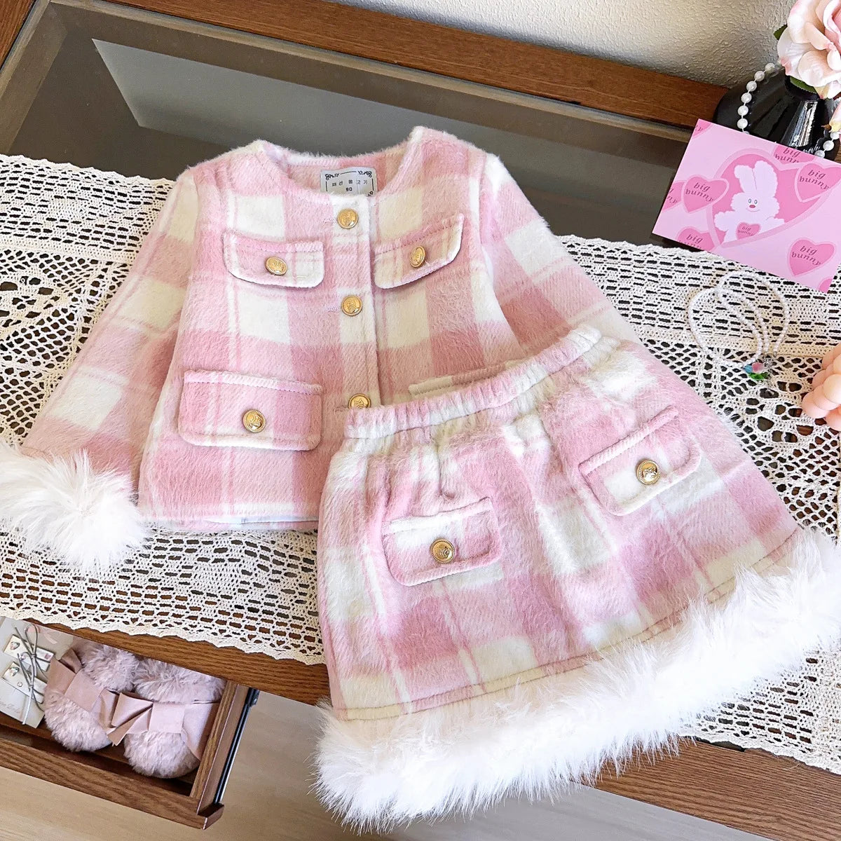 Pink Plaid & Faux Fur Girls' Set