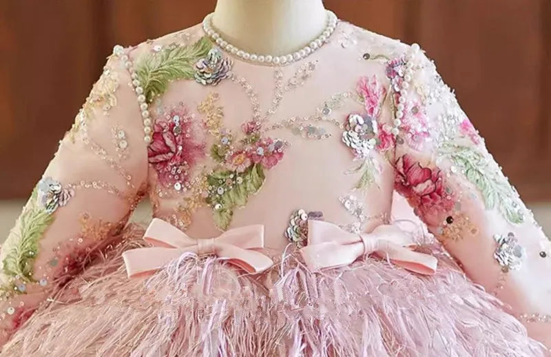 Deluxe Pink Feather & Floral Embroidered Dress