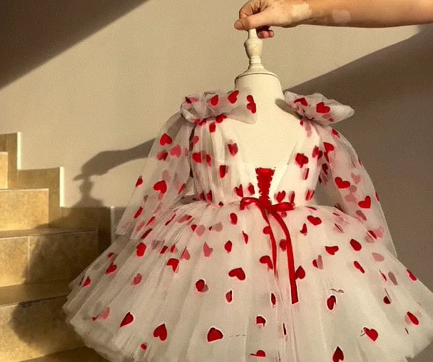 Little Girls’ White Tulle Dress with Red Hearts