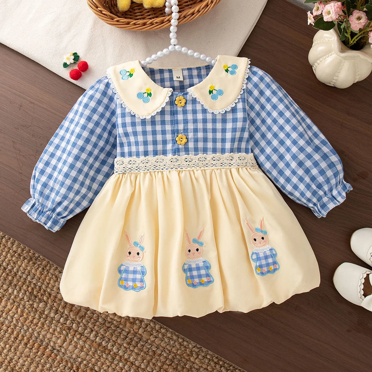 Gingham Bunny Embroidered Dress for Girls