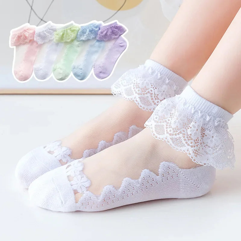 Charming Lace Heart Socks Set – 5 Pairs of Sheer Delight for Girls