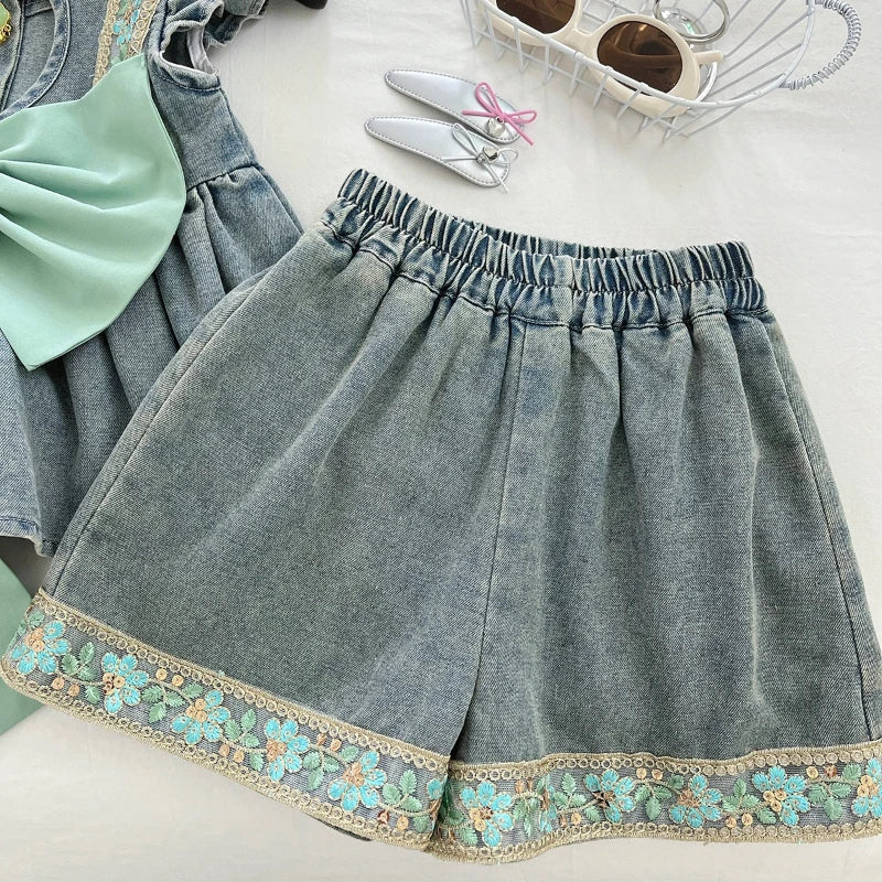 Floral Denim Green Bow Girls Set