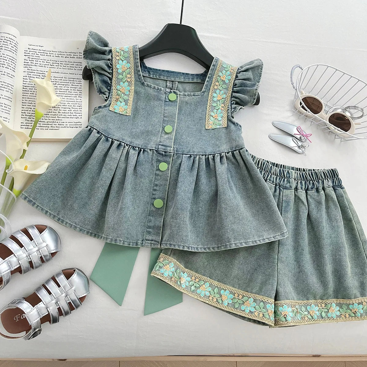 Floral Denim Green Bow Girls Set