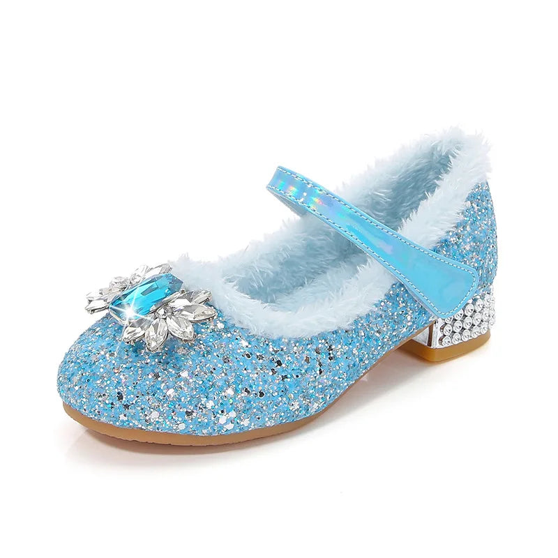 Kids Glitter Princess Shoes with Faux Fur and Jewels