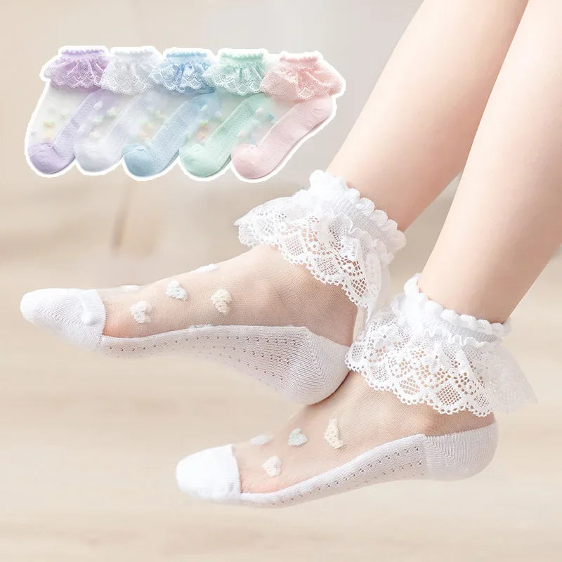 Charming Lace Heart Socks Set – 5 Pairs of Sheer Delight for Girls
