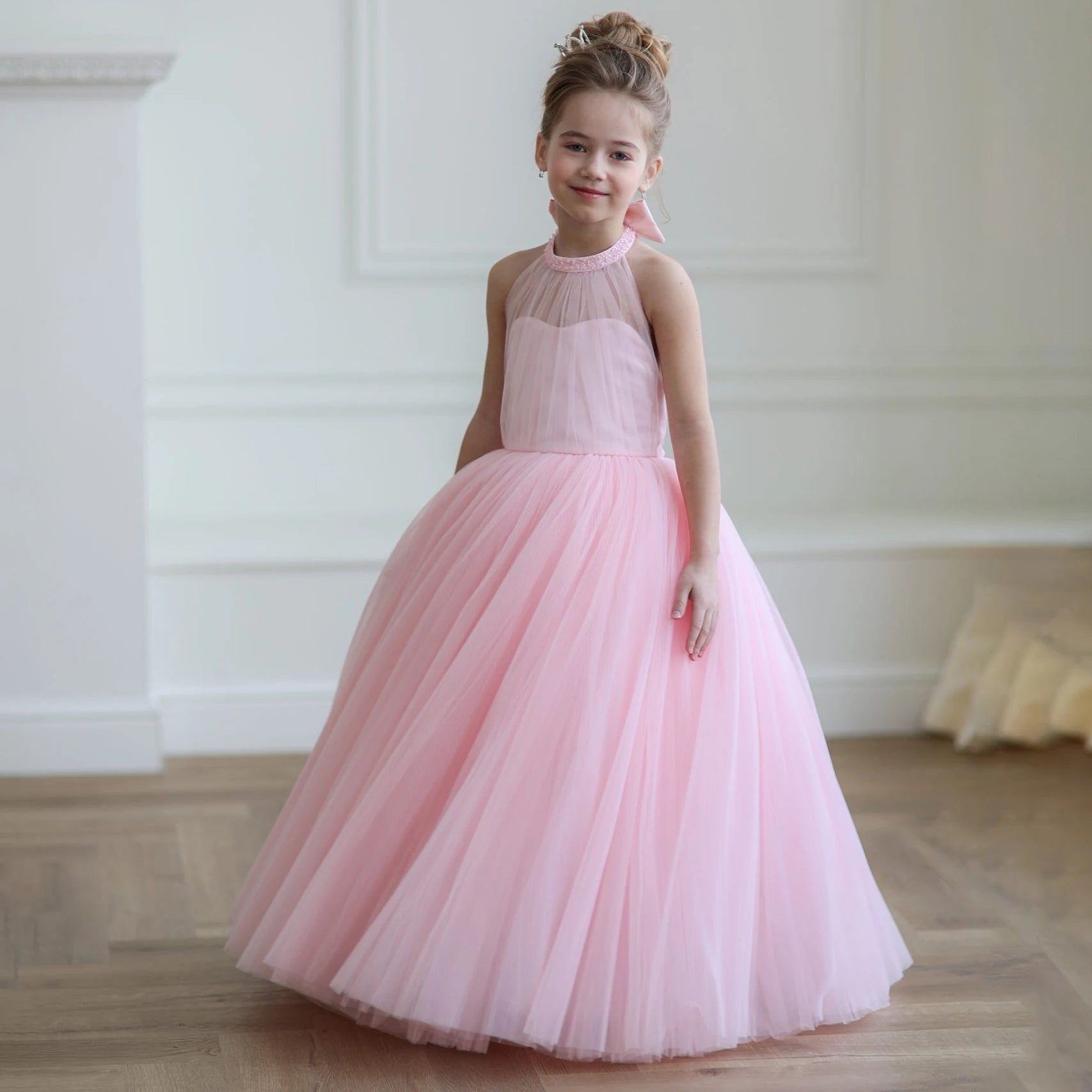 Long Pink Princess Tulle Dress for Girls