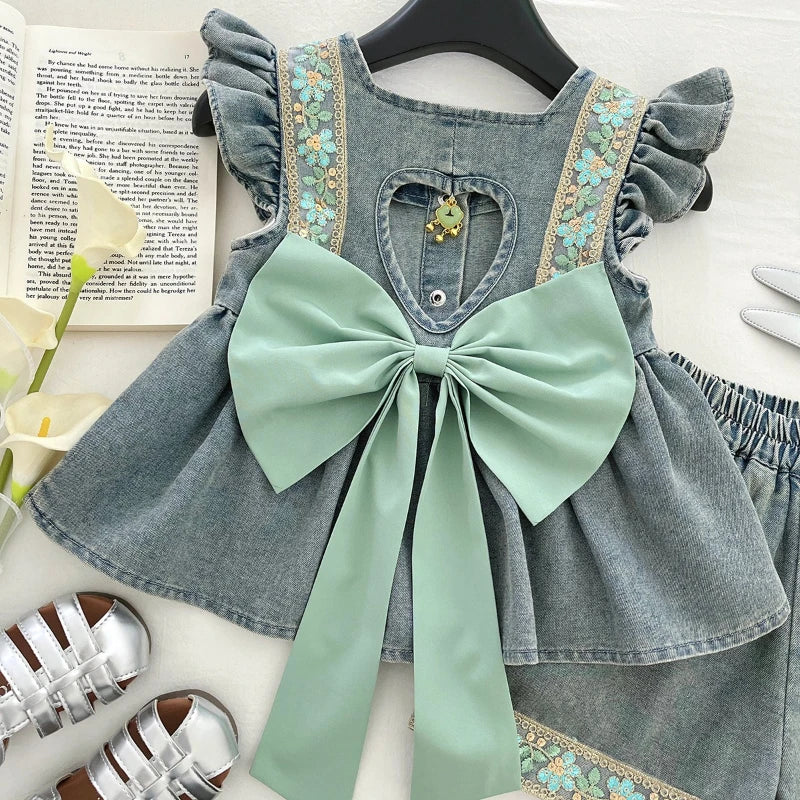Floral Denim Green Bow Girls Set