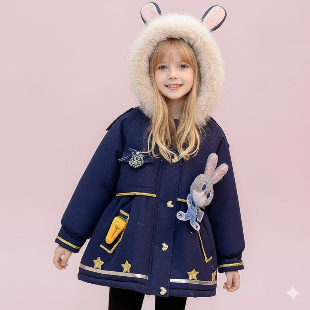 Girls Bunny Hooded Winter Coat with Faux Fur Lining