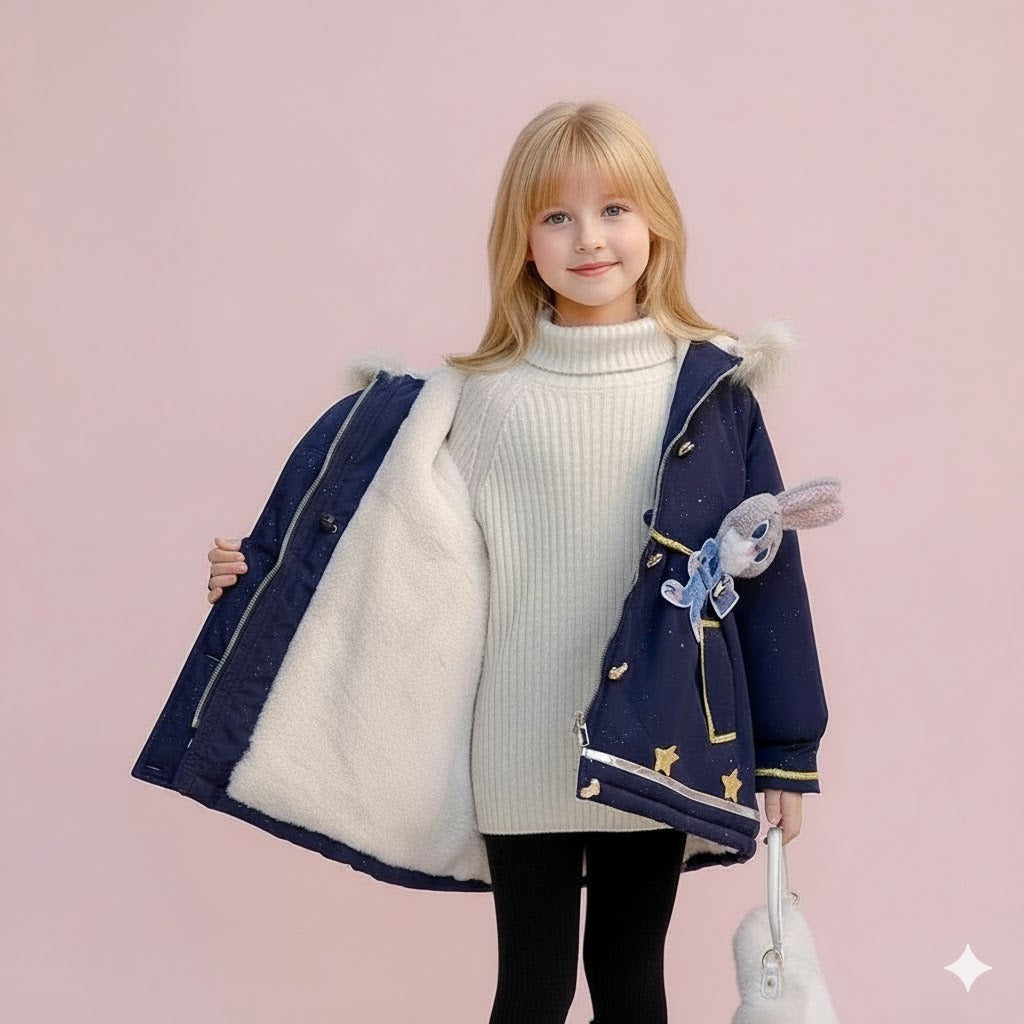 Girls Bunny Hooded Winter Coat with Faux Fur Lining