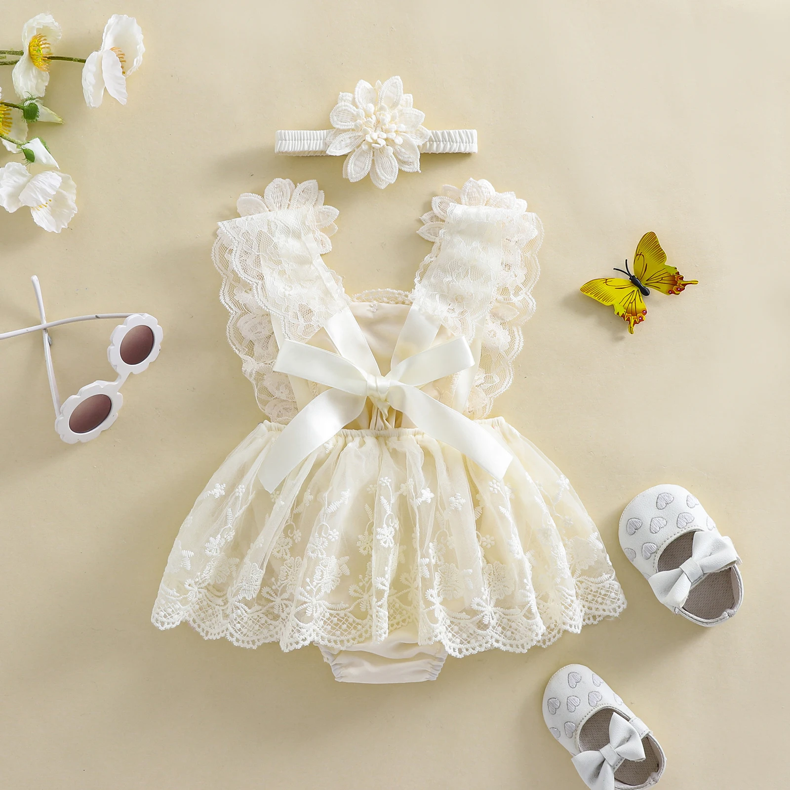 3D Blossom Lace Baby Romper Set