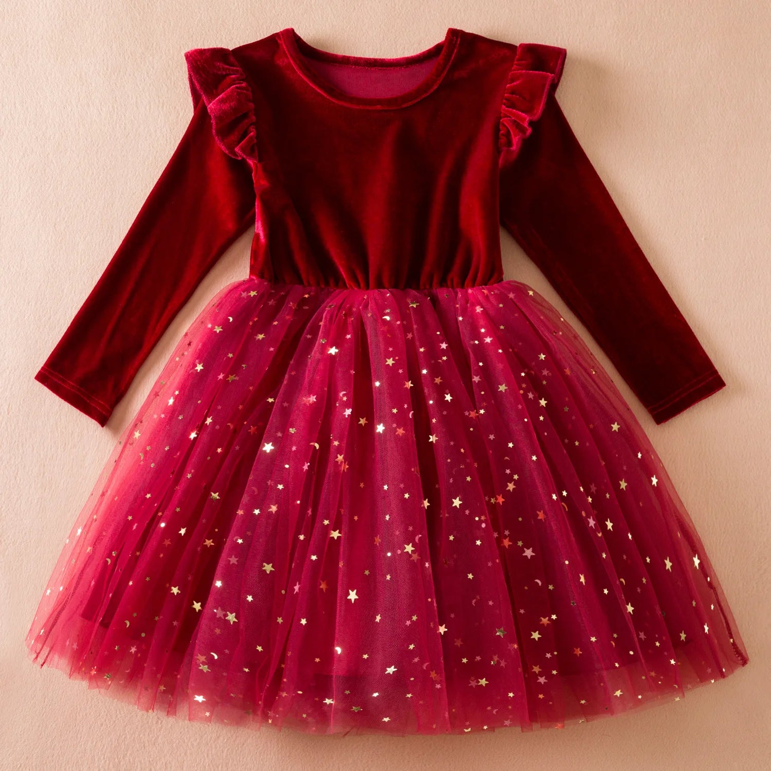 Girls' Red Velvet Christmas Dress with Glitter Star Tulle